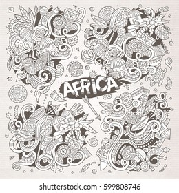 Line art vector hand drawn doodle cartoon set of Africa objects and symbols. Paper background