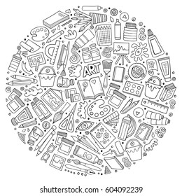 Line art vector hand drawn set of Art cartoon doodle objects, symbols and items. Round composition