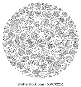 Line art vector hand drawn set of Easter cartoon doodle objects, symbols and items. Round composition