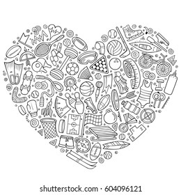 Line art vector hand drawn set of Sport cartoon doodle objects, symbols and items. Heart form composition