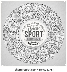 Line art vector hand drawn set of Sport cartoon doodle objects, symbols and items. Round frame composition