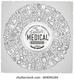 Line Art Vektorgrafik handgezeichnet Set von medizinischen Cartoon doodle Objekte, Symbole und Gegenstände. Rundrahmen-Zusammensetzung