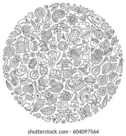 Line art vector hand drawn set of Indian cartoon doodle objects, symbols and items. Round composition