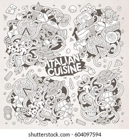 Line art vector hand drawn doodle cartoon set of italian food objects and symbols. Paper background
