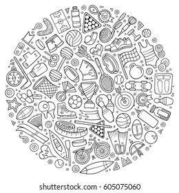 Line art vector hand drawn set of Sport cartoon doodle objects, symbols and items. Round composition
