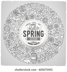 Line art vector hand drawn set of Spring cartoon doodle objects, symbols and items. Round frame composition