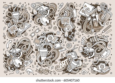 Line art vector hand drawn doodle cartoon set of design theme items, objects and symbols