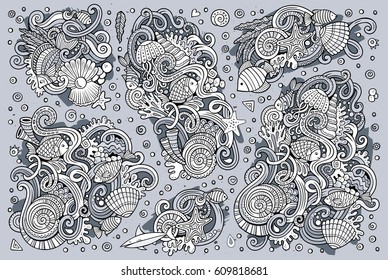 Line art vector hand drawn Doodle cartoon set of marine life objects and symbols