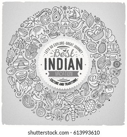 Line art vector hand drawn set of Indian cartoon doodle objects, symbols and items. Round frame composition