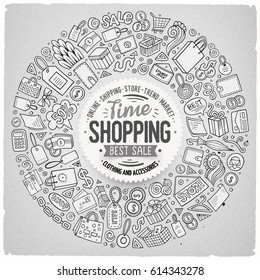 Line art vector hand drawn set of Shopping cartoon doodle objects, symbols and items. Round frame composition