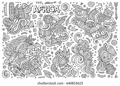 Line art vector hand drawn doodle cartoon set of Africa objects and symbols. Paper background