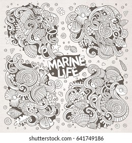 Line art vector hand drawn Doodle cartoon set of marine life objects and symbols
