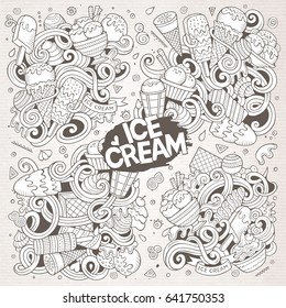 Line art vector hand drawn doodle cartoon set of ice-cream objects and symbols