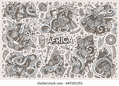 Line art vector hand drawn doodle cartoon set of Africa objects and symbols. Paper background
