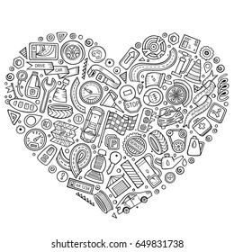 Line art vector hand drawn set of Automobile cartoon doodle objects, symbols and items. Heart composition