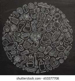 Line art vector hand drawn set of Massage salon cartoon doodle objects, symbols and items. Round composition
