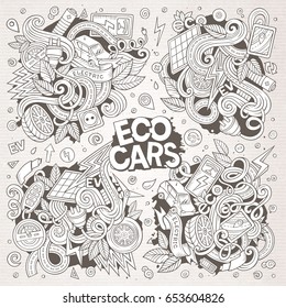 Line art vector hand drawn doodle cartoon set of Electric cars objects and symbol