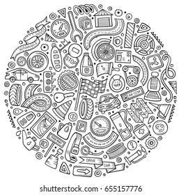 Line art vector hand drawn set of Automobile cartoon doodle objects, symbols and items. Round composition