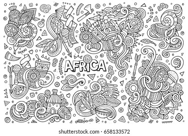 Line art vector hand drawn doodle cartoon set of Africa objects and symbols. Paper background