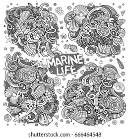 Line art vector hand drawn Doodle cartoon set of marine life objects and symbols