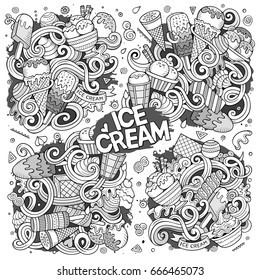 Line art vector hand drawn doodle cartoon set of ice-cream objects and symbols