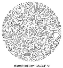 Line art vector hand drawn set of Bathroom cartoon doodle objects, symbols and items. Round composition