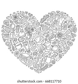 Line art vector hand drawn set of Massage salon cartoon doodle objects, symbols and items. Heart composition