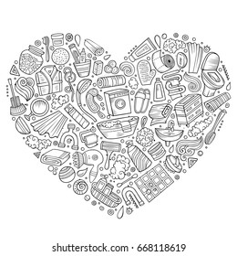 Line art vector hand drawn set of Bathroom cartoon doodle objects, symbols and items. Heart composition
