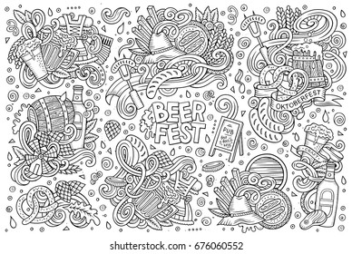 Line art vector hand drawn doodle cartoon set of Beer fest theme items, objects and symbols