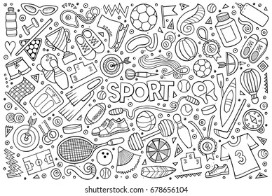 Line art vector hand drawn doodle cartoon set of Sport objects and symbols