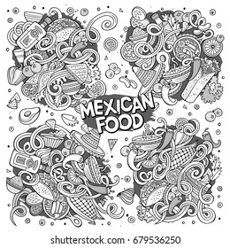 Line art vector hand drawn doodle cartoon set of Mexican Food theme items, objects and symbols