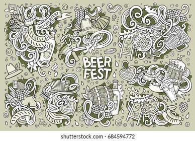 Line art vector hand drawn doodle cartoon set of Oktoberfest theme items, objects and symbols