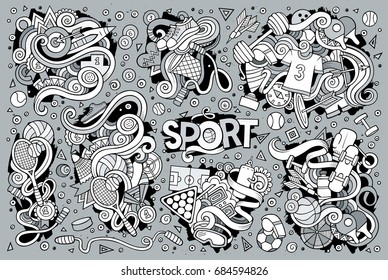 Line art vector hand drawn doodle cartoon set of Sport designs