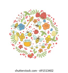 Line art vector hand drawn set of Honey cartoon doodle objects, symbols and items. Round composition