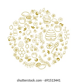 Line art vector hand drawn set of Honey cartoon doodle objects, symbols and items. Round composition