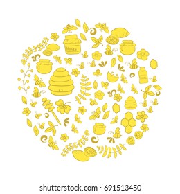 Line art vector hand drawn set of Honey cartoon doodle objects, symbols and items. Round composition
