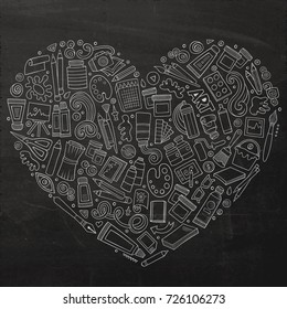 Line art vector hand drawn set of Art cartoon doodle objects, symbols and items. Heart form composition