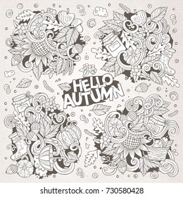 Line art vector hand drawn doodle cartoon set of Autumn theme items, objects and symbols