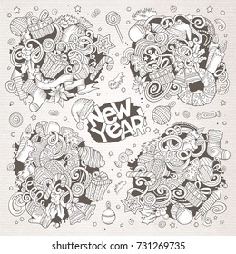 Line art vector hand drawn doodle cartoon set of New Year and Christmas objects and symbols