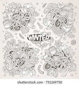 Line art vector hand drawn doodle cartoon set of Winter season objects and symbols