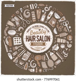 Line Art Vector Hand Drawn Set Of Hair Salon Cartoon Doodle Objects, Symbols And Items. Round Frame Composition