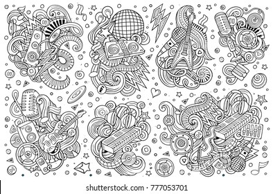 Line art vector hand drawn doodles cartoon set of disco music combinations of objects and elements