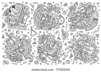 Line art vector hand drawn doodles cartoon set of classical musical instruments combinations of objects and elements