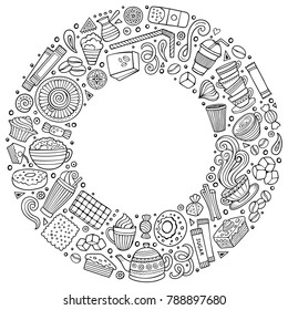 Line art vector hand drawn set of Coffee cartoon doodle objects, symbols and items. Round frame composition