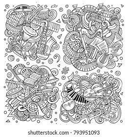 Line art vector hand drawn doodles cartoon set of classical musical instruments combinations of objects and elements