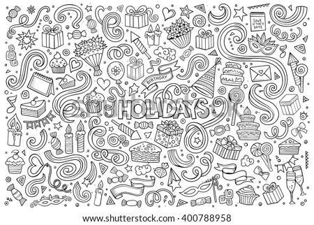 Line art vector hand drawn Doodle cartoon set of holidays objects and symbols