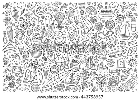 Line art vector hand drawn doodle cartoon set of summer time season objects and symbols