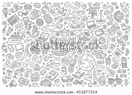 Line art vector hand drawn doodle cartoon set of travel planning theme items, objects and symbols