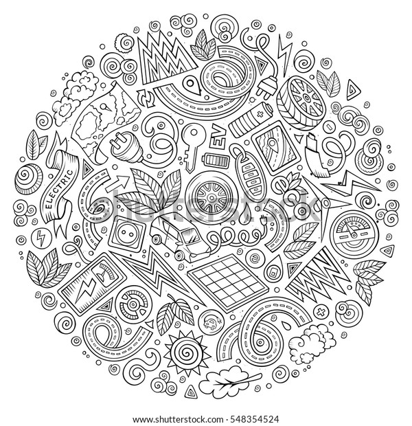 Line art vector hand\
drawn set of Electric cars cartoon doodle objects, symbols and\
items. Round composition