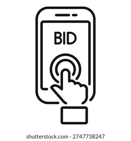 Line art vector of a hand holding a smartphone and tapping the screen to place a bid